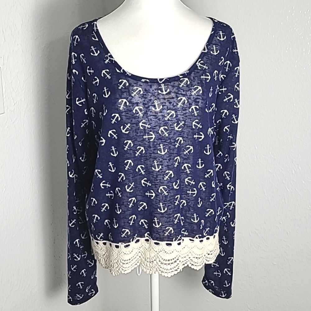 Rue21 Navy Blue Top with White Anchors Print, Embroidered Hemline, Size XL